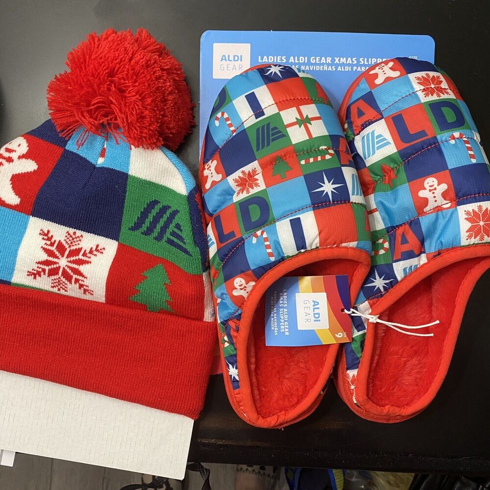Aldi Gear Slippers & Beanie Hat Christmas Womens Size 9 Holiday 2024 Edition NEW